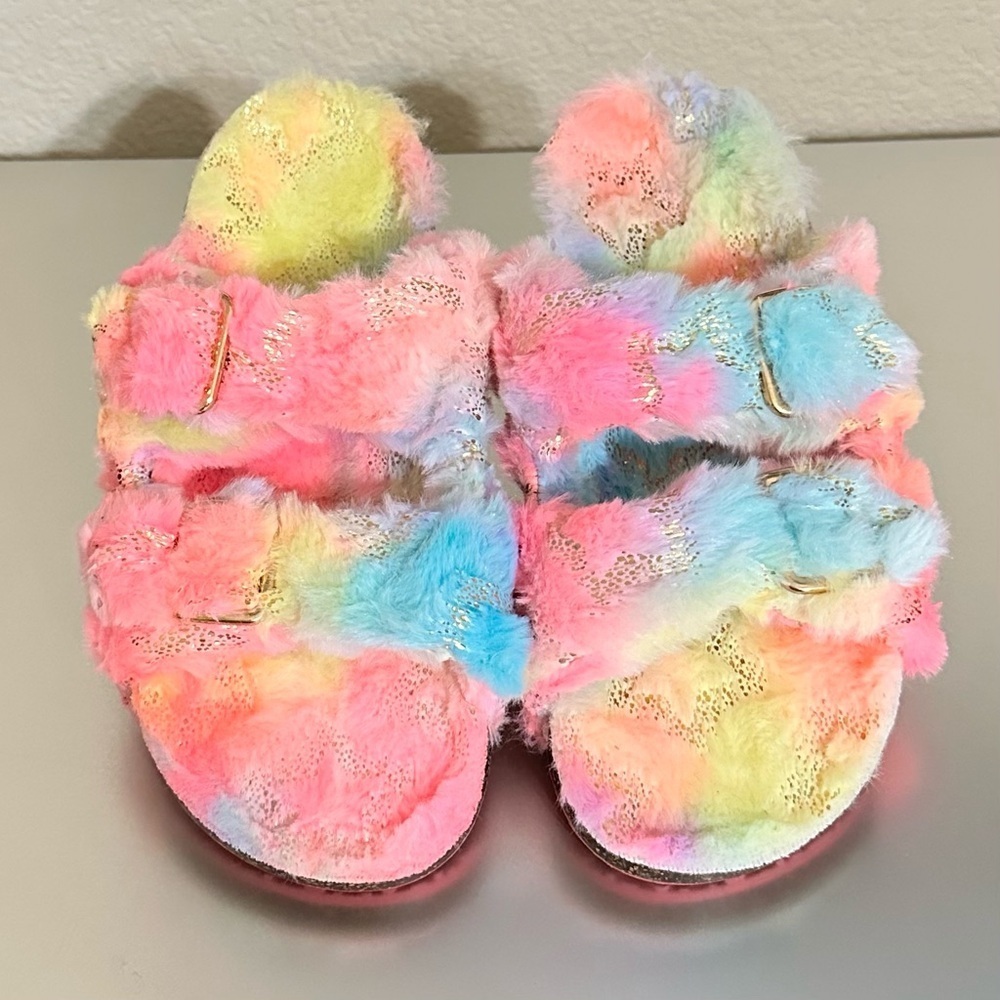 Cozy Pastel Rainbow Fuzzy Double-Strap Slip-On Slides Soft Plush Sandals Sz 4–5